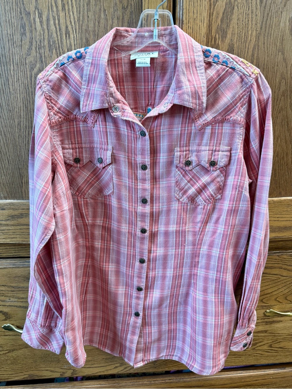 Ariat REAL Pink Plaid Western Shirt with Thunderbird Embroidery